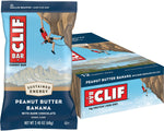 12-pack box and single bar of CLIF Peanut Butter Banana with Dark Chocolate energy bars on a white background.