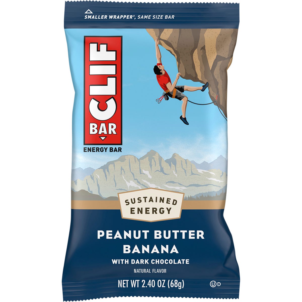 Single wrapped 68g CLIF Peanut Butter Banana with Dark Chocolate energy bar on a white background.