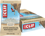 12-pack box and individual wrapper of CLIF Bar White Chocolate Macadamia Nut energy bars.