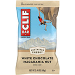 Single wrapped 68g CLIF Bar White Chocolate Macadamia Nut energy bar on a white background.