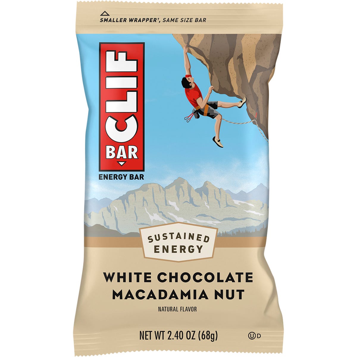 Single wrapped 68g CLIF Bar White Chocolate Macadamia Nut energy bar on a white background.
