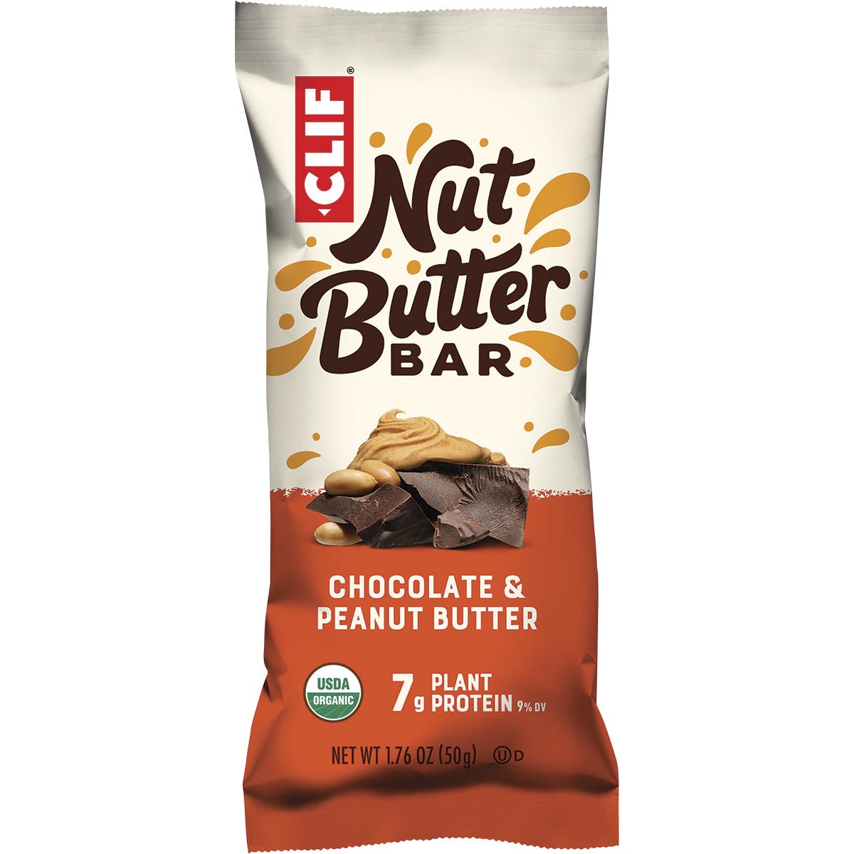 CLIF Nut Butter Bar in Chocolate and Peanut Butter, showing a single 50g wrapped bar on a white background.