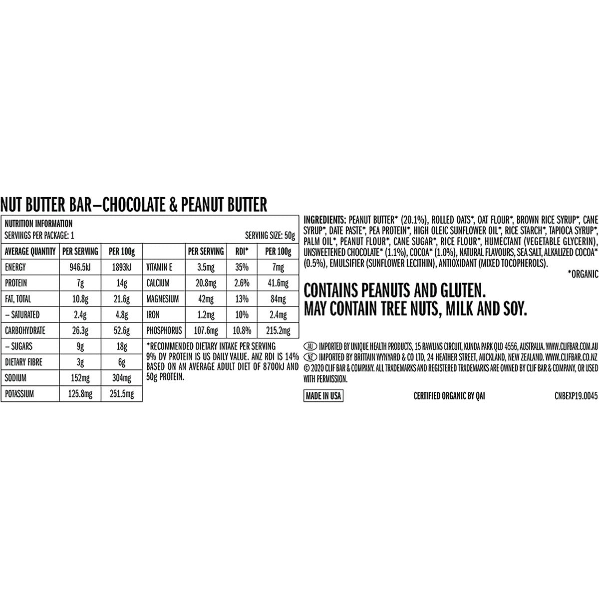 Side view of the CLIF Chocolate and Peanut Butter Nut Butter Bar box showing ingredients and nutrition facts.