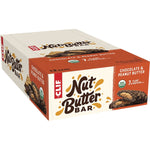 Back of a CLIF Chocolate & Peanut Butter Nut Butter Bar box showing nutrition facts and bar dimensions.