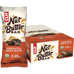 Box of 12 CLIF Chocolate & Peanut Butter Nut Butter Bars with a single bar and creamy peanut butter filling.