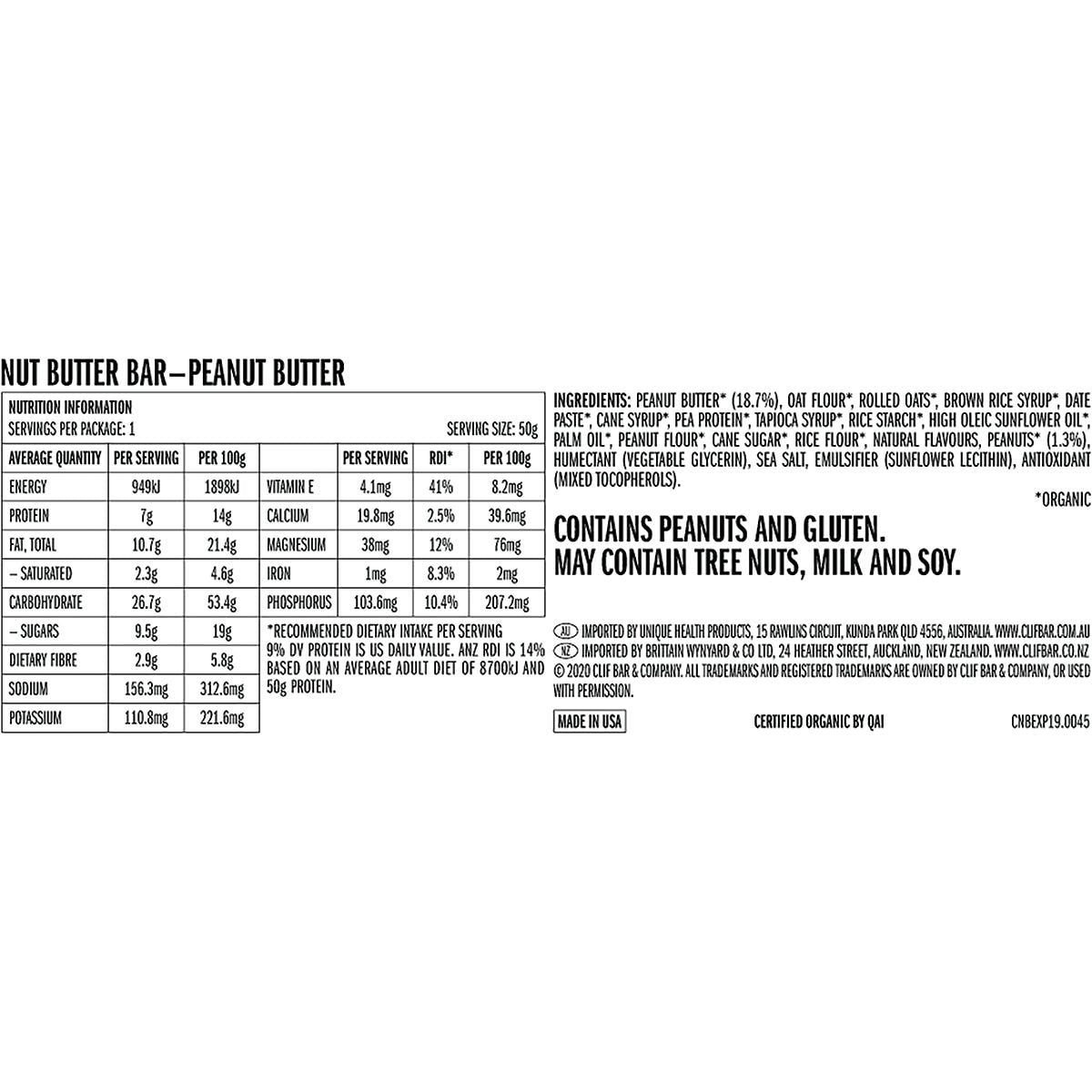 Close-up of a 12-pack box of CLIF Peanut Butter Nut Butter Bars showing organic ingredients and 7g plant protein.