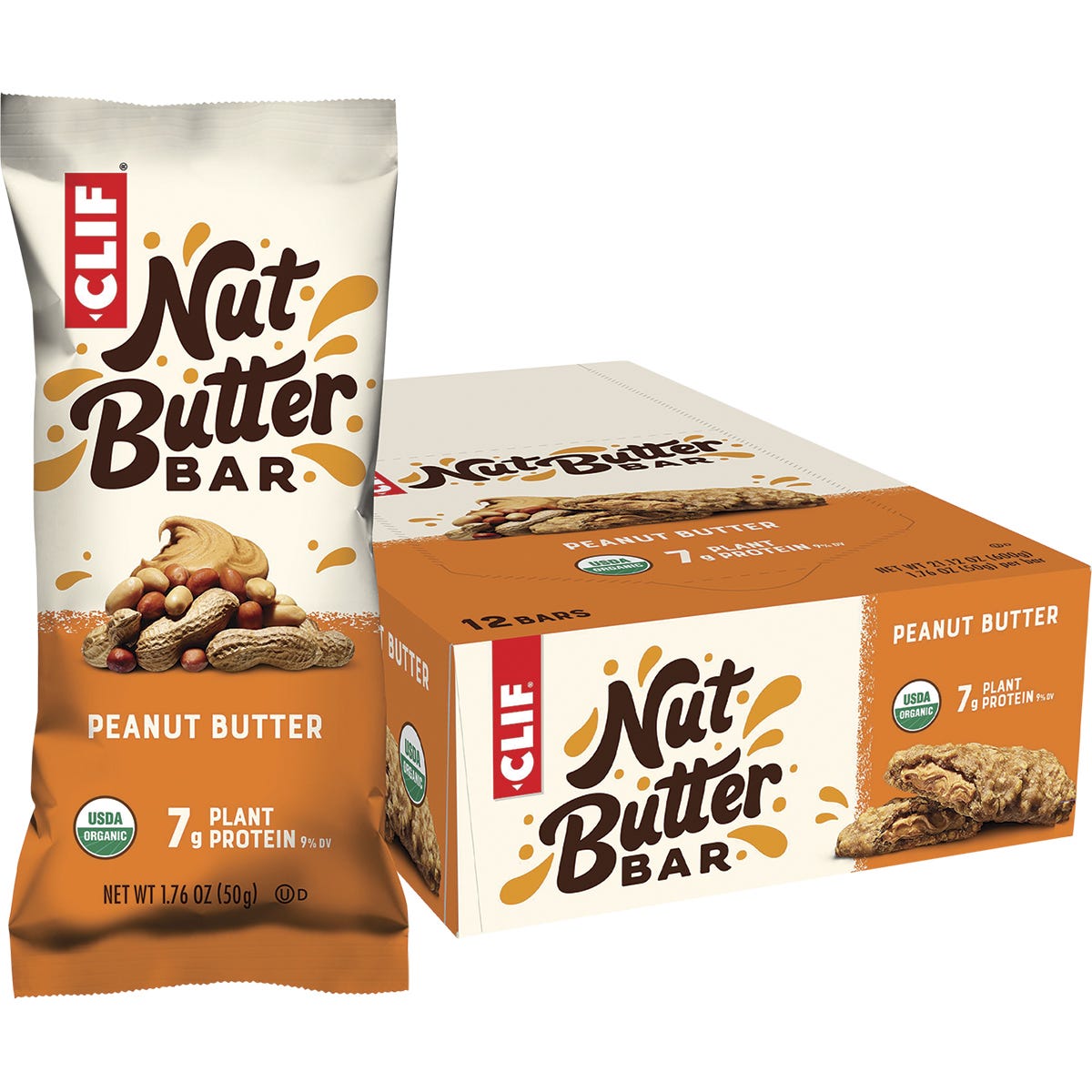 Pack of 12 CLIF Nut Butter Bars, Peanut Butter flavor, 50g organic energy bars filled with creamy peanut butter.