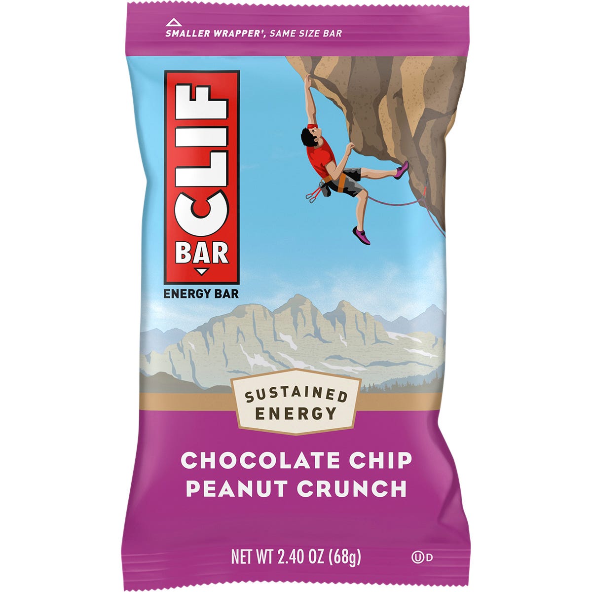 Single 68g CLIF Bar Chocolate Chip Peanut Crunch wrapper featuring an illustration of a rock climber.