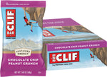 12-pack box and individual 68g wrapper of CLIF Bar Chocolate Chip Peanut Crunch energy bars with organic oats.