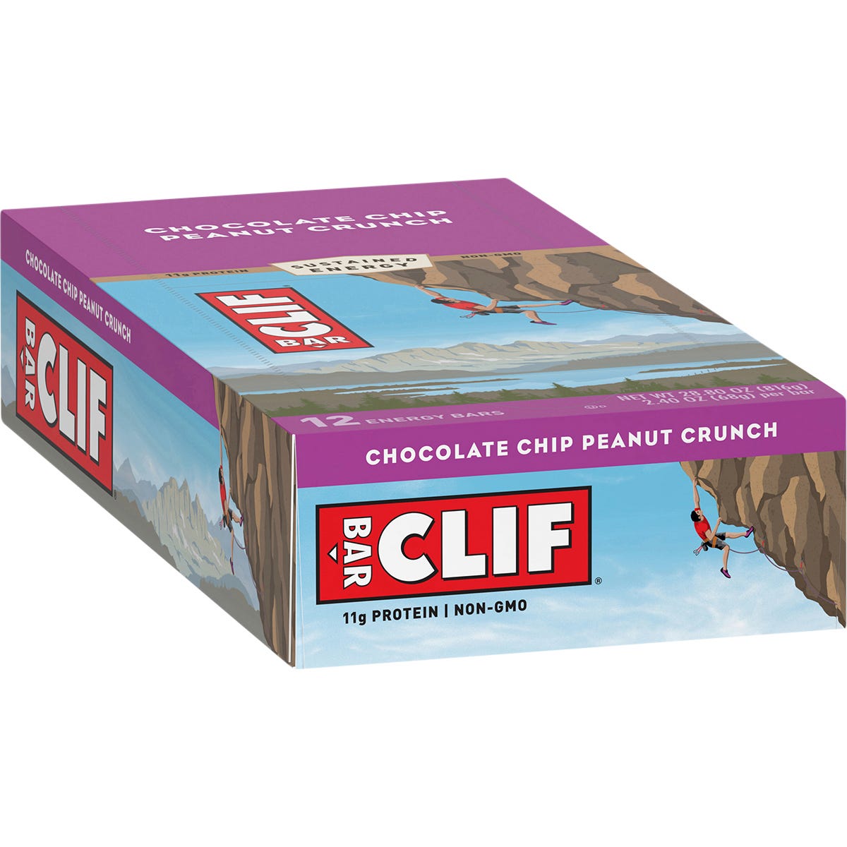 Retail display box of CLIF Chocolate Chip Peanut Crunch energy bars with 12 individually wrapped 68g snack bars.