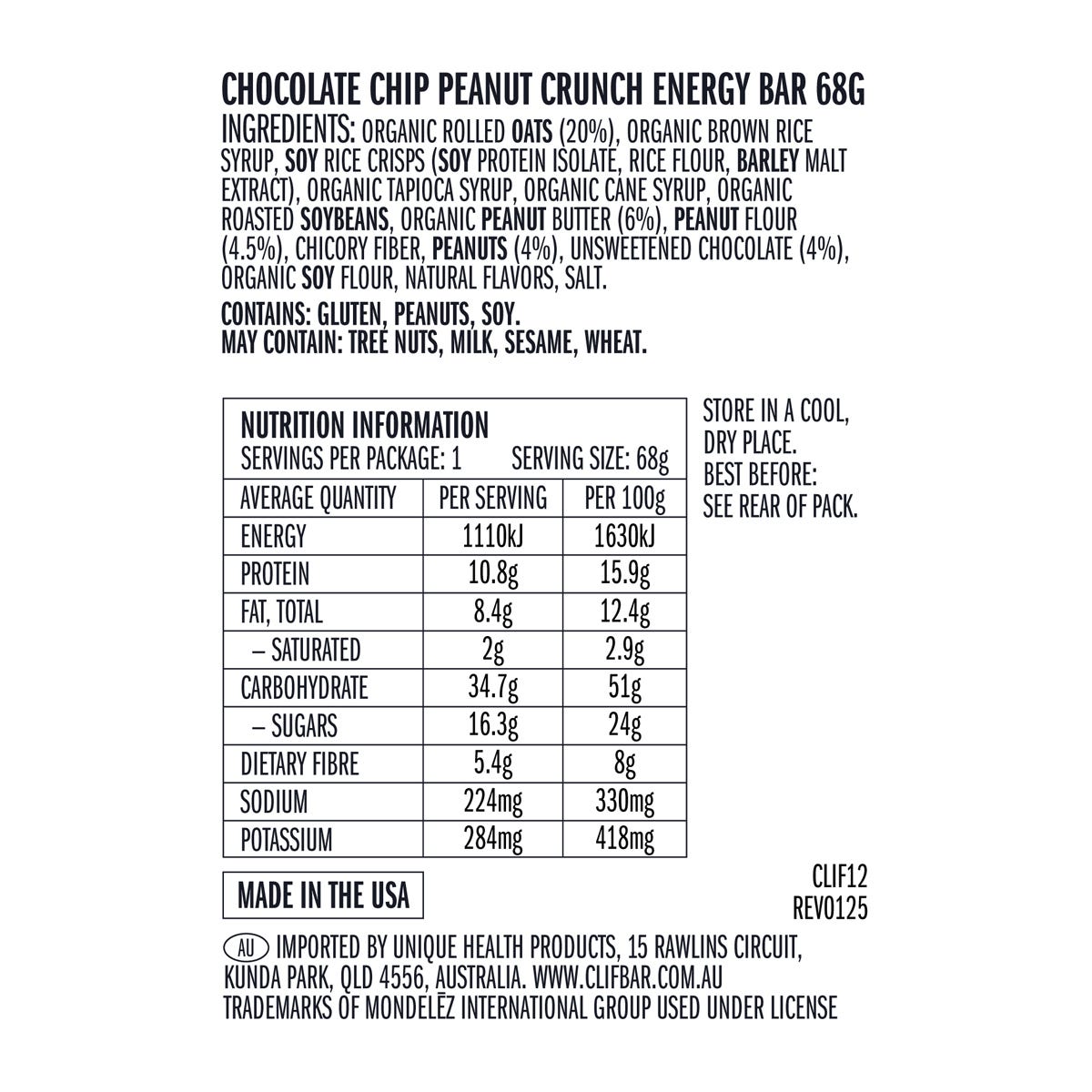 Nutrition information panel for CLIF Bar Chocolate Chip Peanut Crunch showing ingredients and nutritional facts.