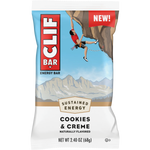 68g Clif Energy Bar Cookies & Creme in blue and white wrapper with a mountain climber logo.