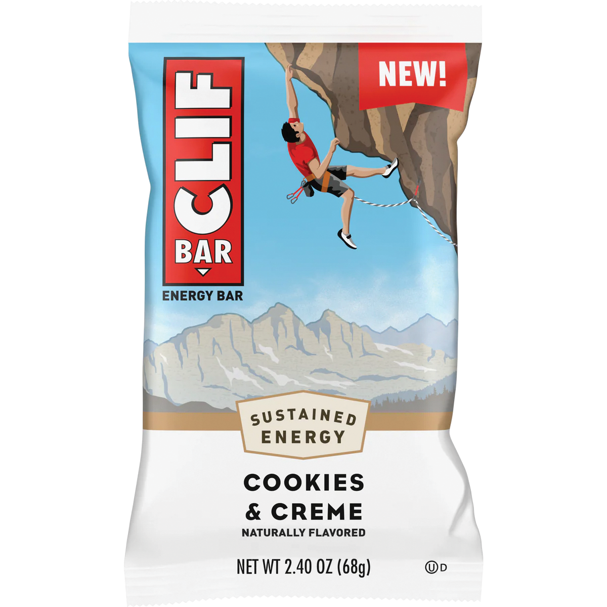 68g Clif Energy Bar Cookies & Creme in blue and white wrapper with a mountain climber logo.