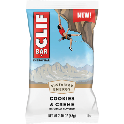 68g Clif Energy Bar Cookies & Creme in blue and white wrapper with a mountain climber logo.