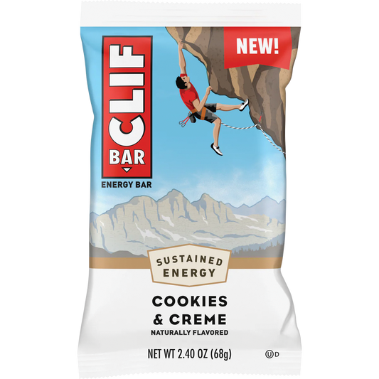 68g Clif Energy Bar Cookies & Creme in blue and white wrapper with a mountain climber logo.