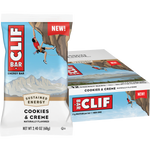 Clif Energy Bar Cookies & Creme 12-pack box with a single bar and two cookies on a white background.
