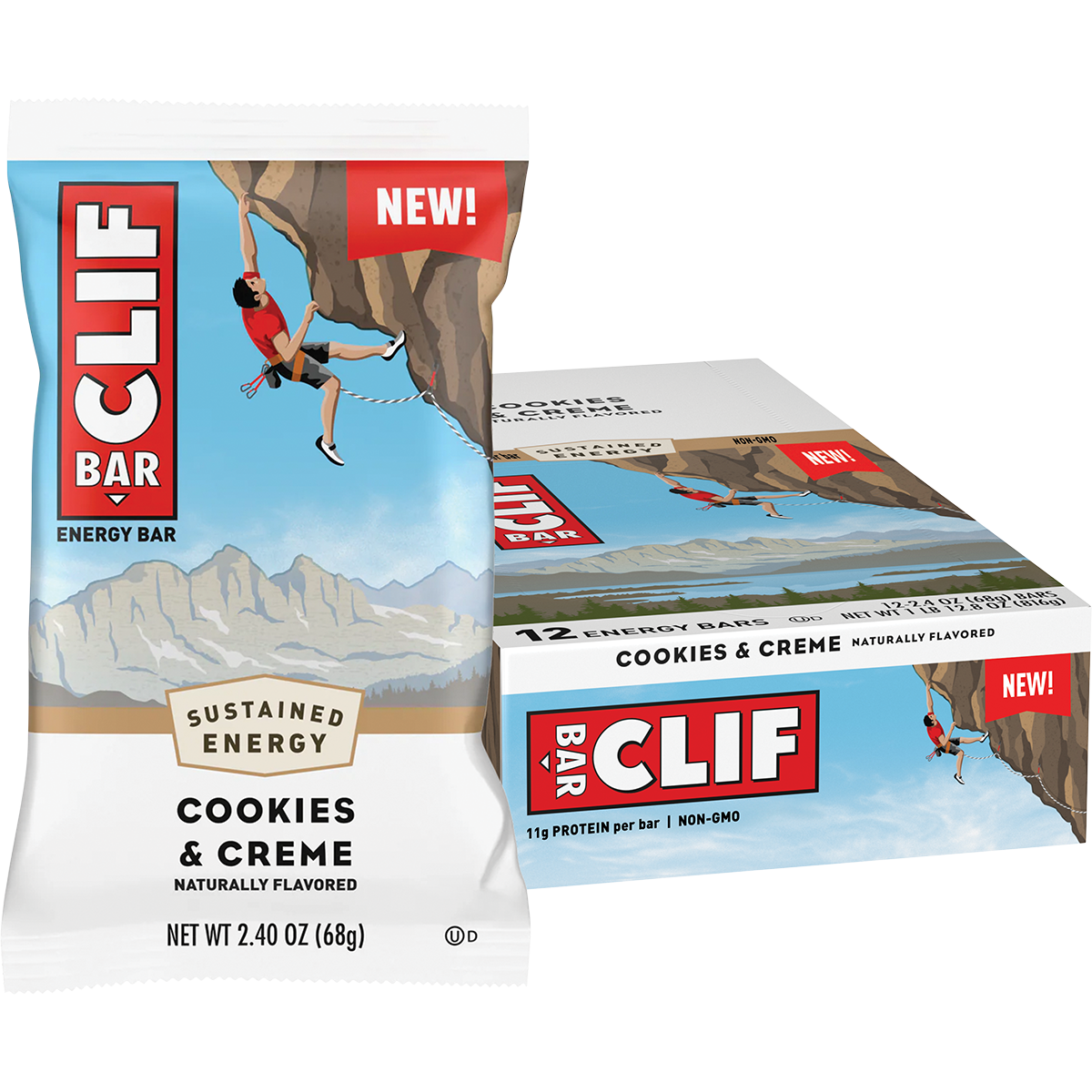 Clif Energy Bar Cookies & Creme 12-pack box with a single bar and two cookies on a white background.