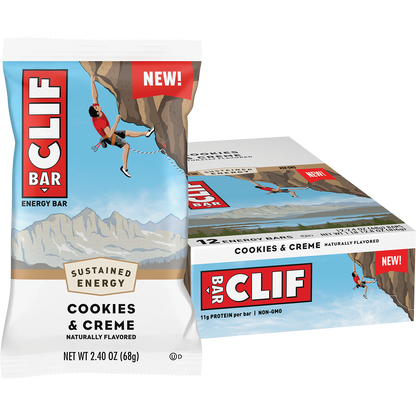 Clif Energy Bar Cookies & Creme 12-pack box with a single bar and two cookies on a white background.
