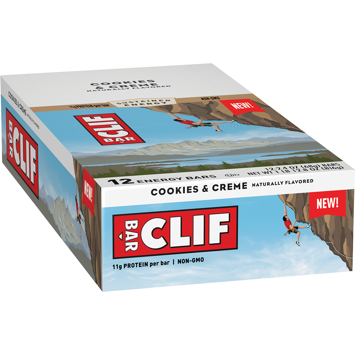 A display box containing 12 Clif Energy Bars in Cookies & Creme flavor with blue and white packaging.