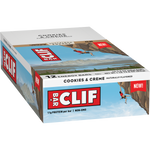 A display box containing 12 Clif Energy Bars in Cookies & Creme flavor with blue and white packaging.