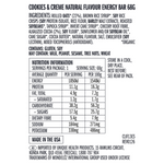 Close-up of the nutrition facts and ingredients list on a CLIF Energy Bar Cookies & Creme wrapper.