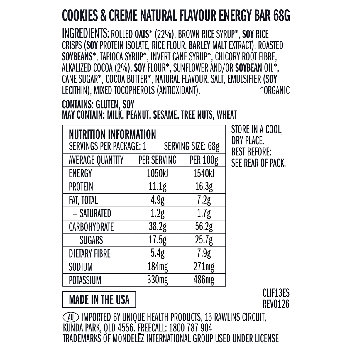 Close-up of the nutrition facts and ingredients list on a CLIF Energy Bar Cookies & Creme wrapper.