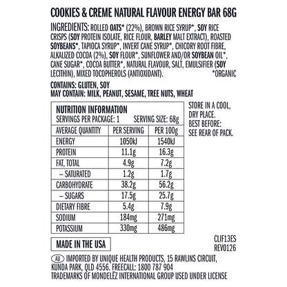 Close-up of the nutrition facts and ingredients list on a CLIF Energy Bar Cookies & Creme wrapper.