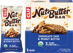 Pack of 5 CLIF Nut Butter Bars in Chocolate Chip & Peanut Butter flavor with a single unwrapped bar showing the filling.