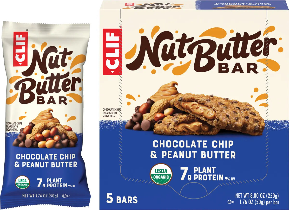 Pack of 5 CLIF Nut Butter Bars in Chocolate Chip & Peanut Butter flavor with a single unwrapped bar showing the filling.