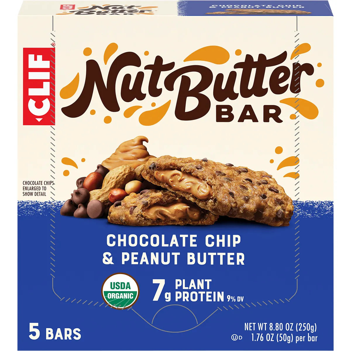 Retail display box of five CLIF Chocolate Chip and Peanut Butter Nut Butter Bars on a white background.