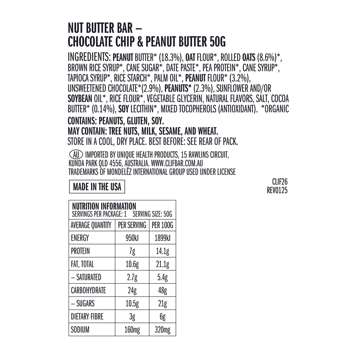 Nutrition facts panel for CLIF Chocolate Chip & Peanut Butter Nut Butter Bar showing 230 calories and 7g protein.