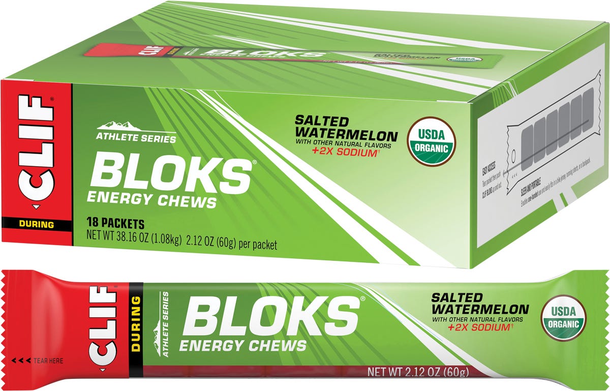 CLIF Bloks Salted Watermelon 18-pack box and individual energy chew sleeve with 100mg sodium per serving.