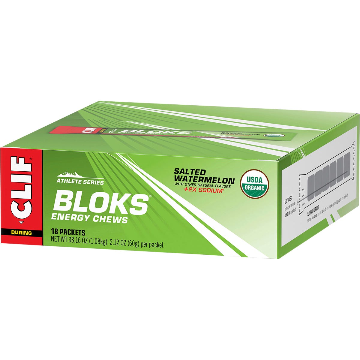 Display box of 18 CLIF Bloks Salted Watermelon energy chew sleeves with 100mg sodium per serving.