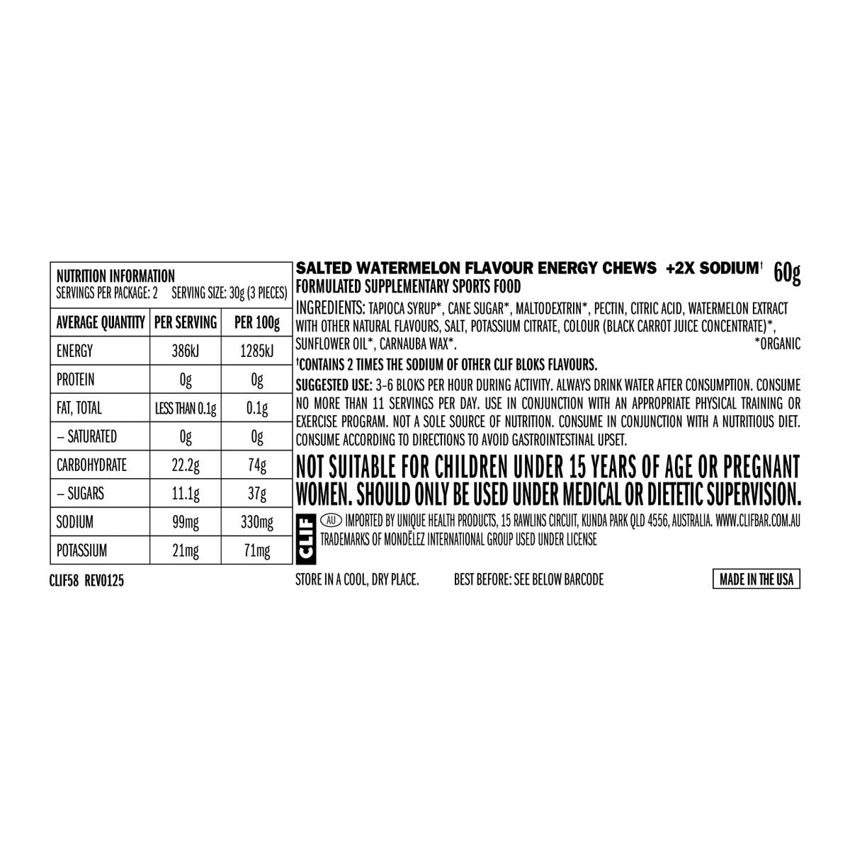 CLIF Bloks Energy Chews Salted Watermelon 100mg Sodium 60g (Pack of 18)