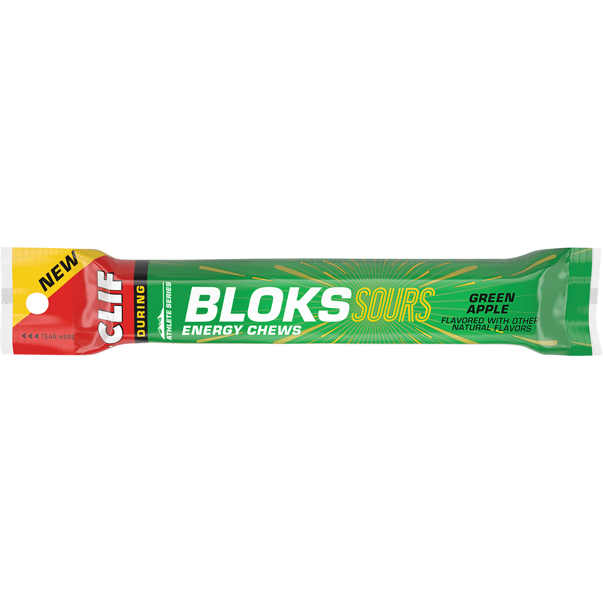Sleek green FastPak sleeve of CLIF Bloks Sour Green Apple energy chews with six individual 33-calorie cubes.
