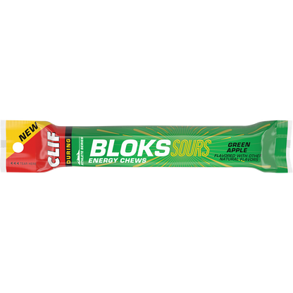 Sleek green FastPak sleeve of CLIF Bloks Sour Green Apple energy chews with six individual 33-calorie cubes.