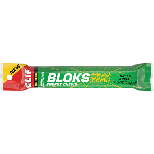 Sleek green FastPak sleeve of CLIF Bloks Sour Green Apple energy chews with six individual 33-calorie cubes.