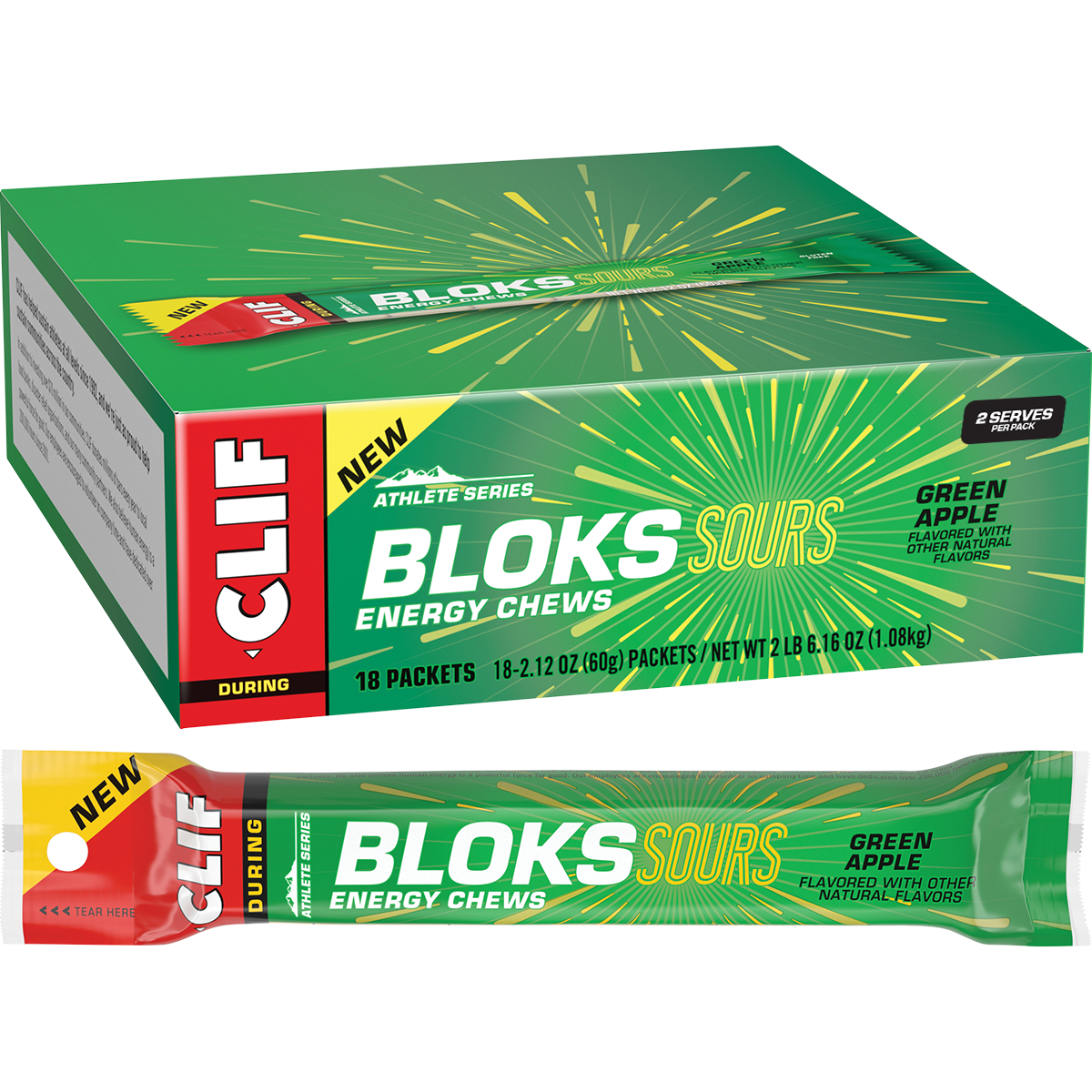 A green packet and a single sleeve of CLIF Bloks Sour Green Apple energy chews showing six individual cubes.