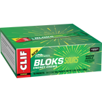 Green and white retail display box containing 18 packets of CLIF Bloks Sour Green Apple energy chews.