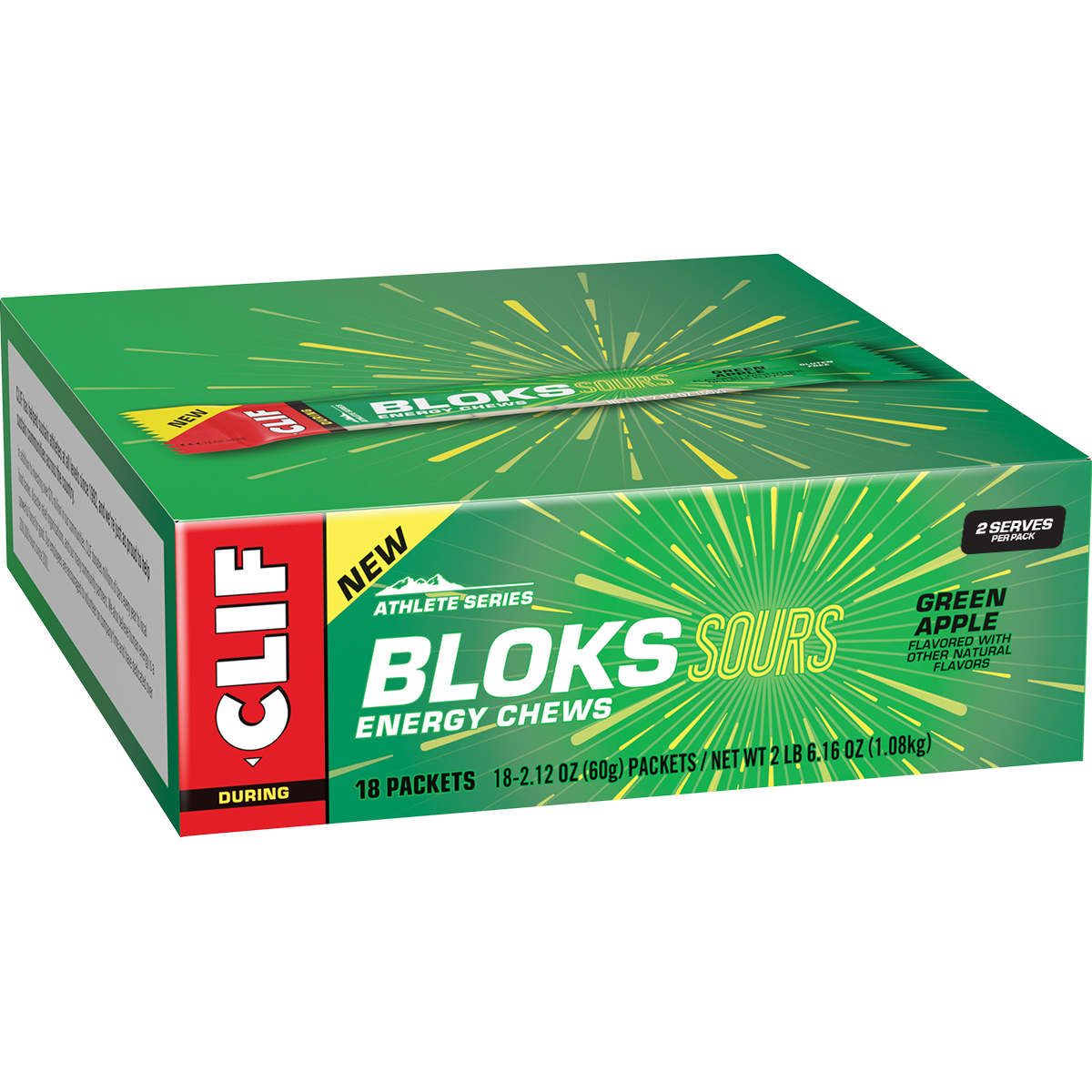 Green and white retail display box containing 18 packets of CLIF Bloks Sour Green Apple energy chews.