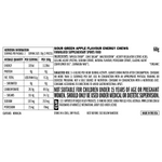 Nutrition facts panel for CLIF Bloks Sour Green Apple showing 33 calories and 8g carbs per 10g cube.