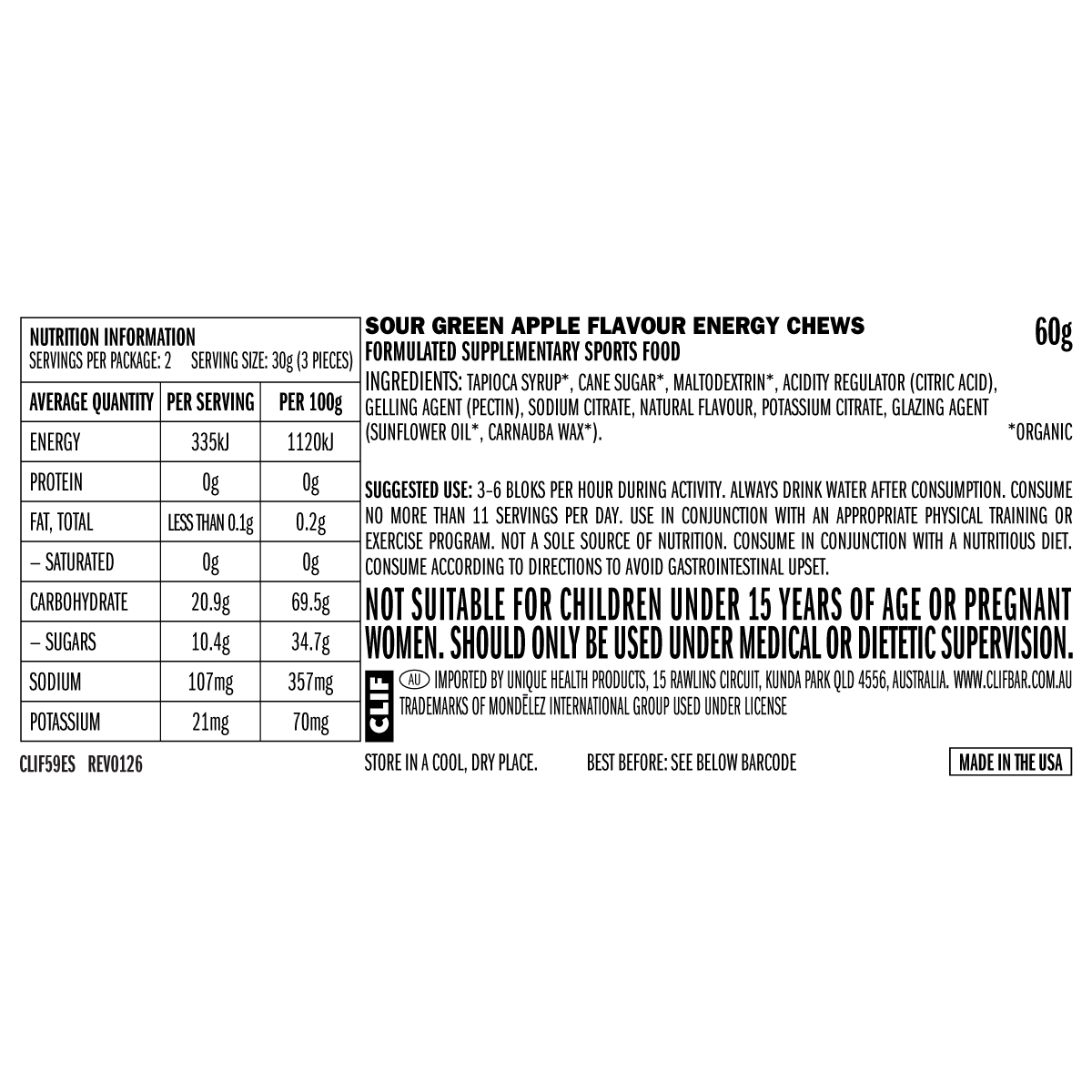 Nutrition facts panel for CLIF Bloks Sour Green Apple showing 33 calories and 8g carbs per 10g cube.