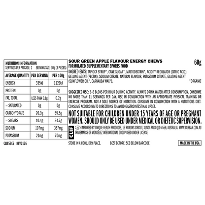 Nutrition facts panel for CLIF Bloks Sour Green Apple showing 33 calories and 8g carbs per 10g cube.