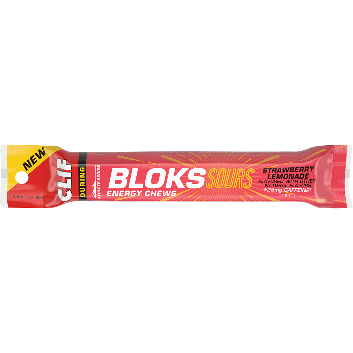 CLIF Bloks Sour Strawberry Lemonade energy chews in a 60g yellow and pink "FastPak" resealable sleeve.