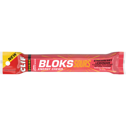 CLIF Bloks Sour Strawberry Lemonade energy chews in a 60g yellow and pink "FastPak" resealable sleeve.