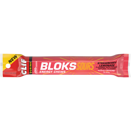 CLIF Bloks Sour Strawberry Lemonade energy chews in a 60g yellow and pink "FastPak" resealable sleeve.