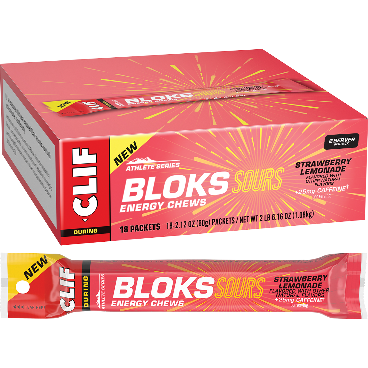 CLIF Bloks Sour Strawberry Lemonade energy chews sleeve shown next to a single cube and the cardboard display box.