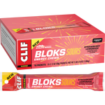 CLIF Bloks Sour Strawberry Lemonade energy chews sleeve shown next to a single cube and the cardboard display box.