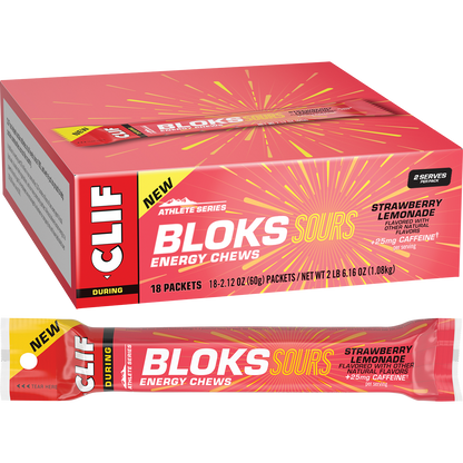 CLIF Bloks Sour Strawberry Lemonade energy chews sleeve shown next to a single cube and the cardboard display box.