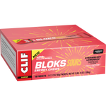 Cardboard retail display box containing 18 sleeves of CLIF Bloks Sour Strawberry Lemonade energy chews.